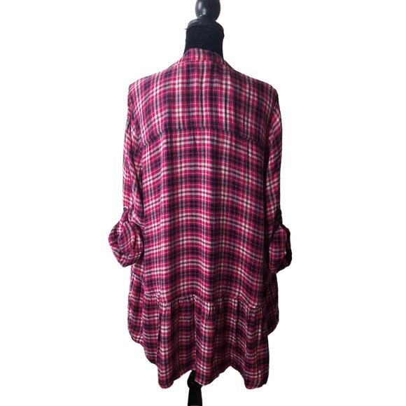 Lane Bryant Plaid Flannel Sz 18 Roll Tab Sleeves High Low Ruffle Hem Popover Top - Picture 5 of 16